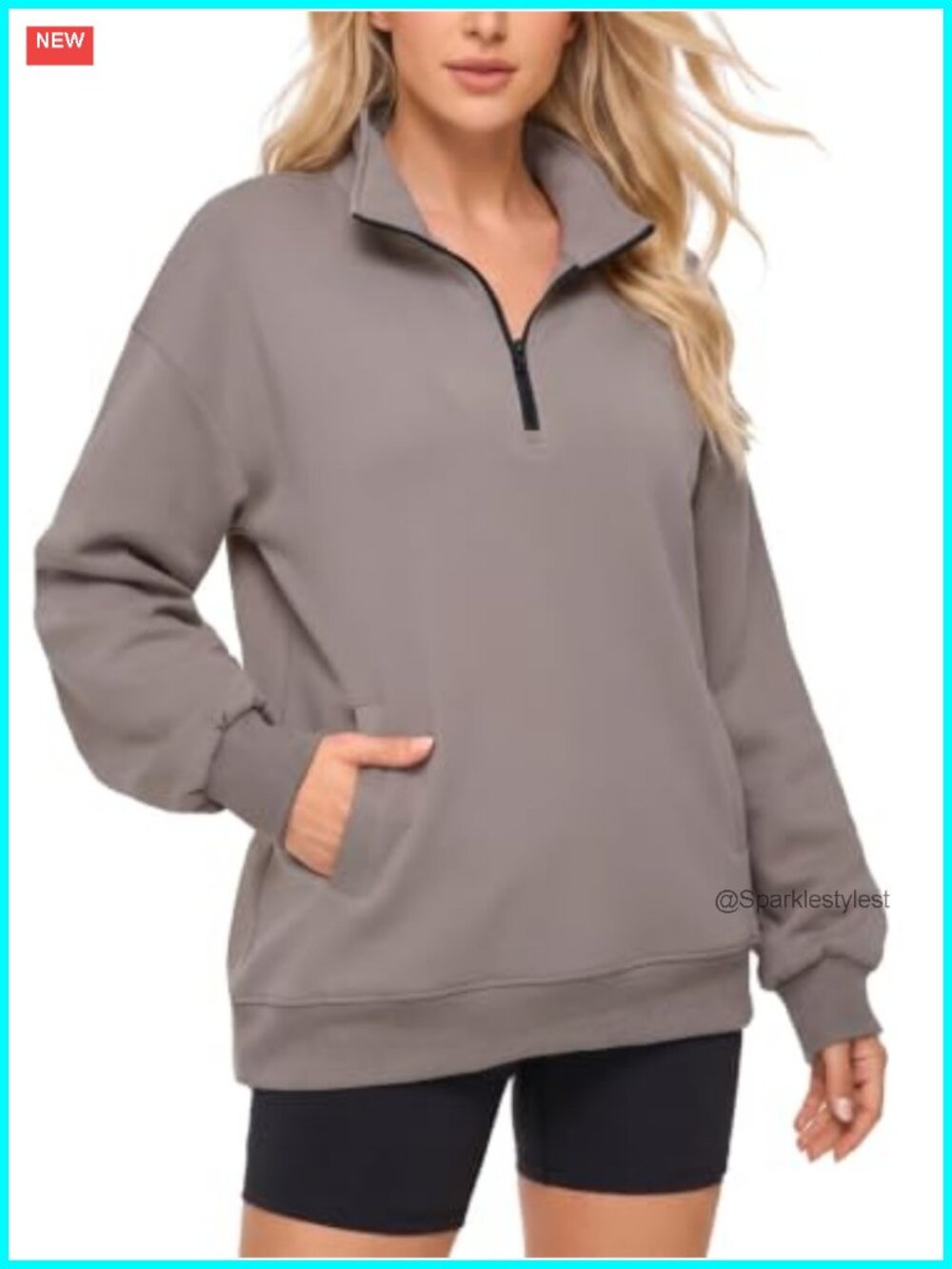 Oversized Mock Neck Quarter Zip Tunic Sweatshirt with Pockets